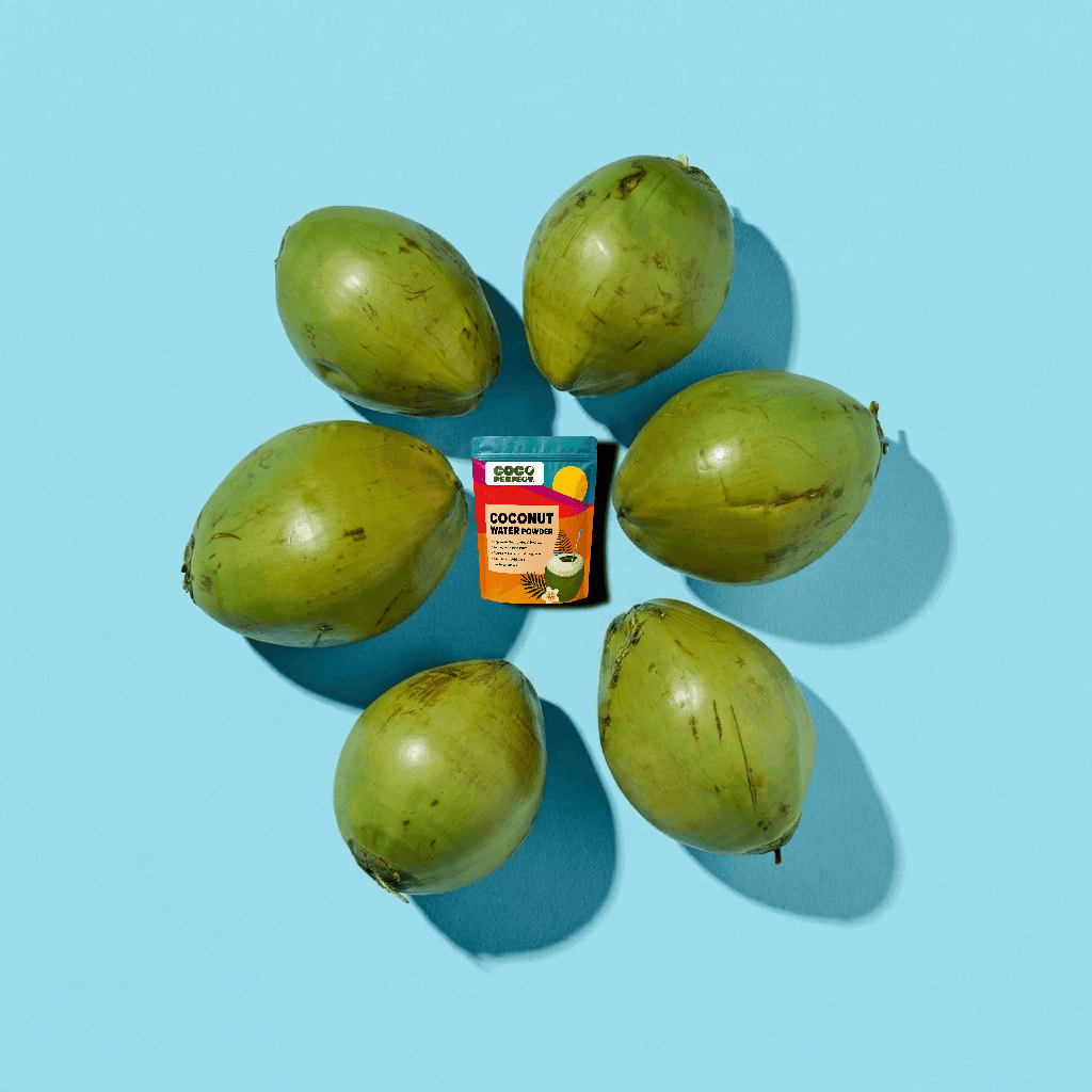 cocoperfect coconut water powder pack with green coconuts home